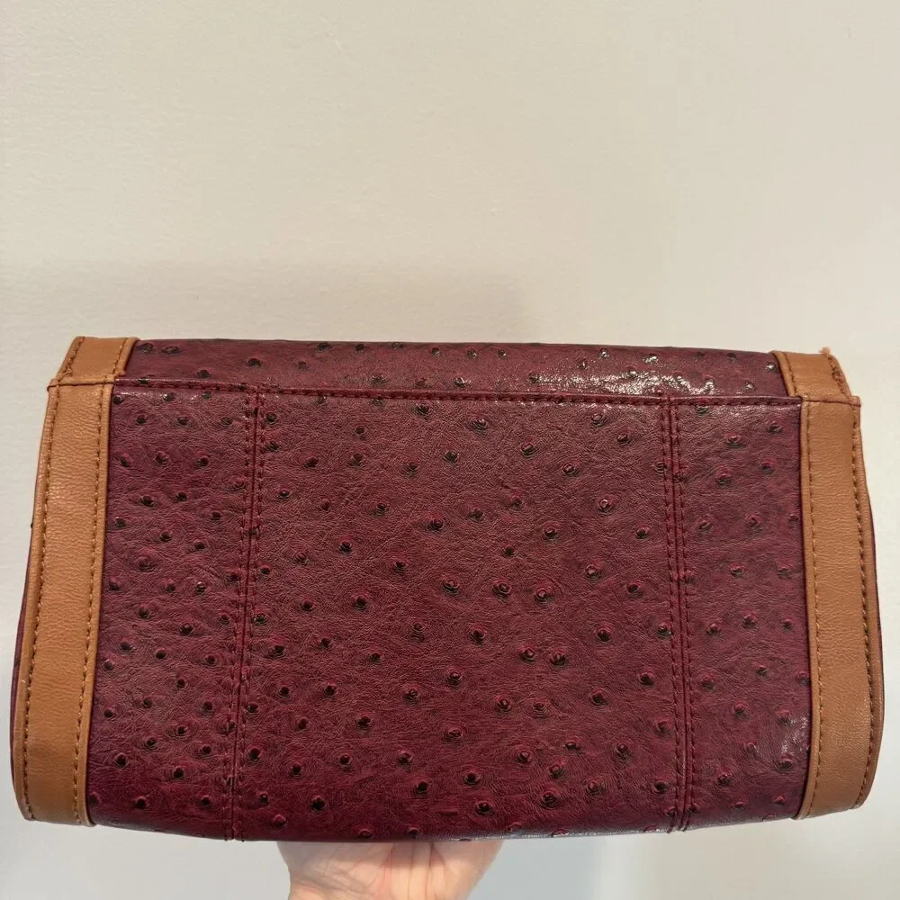 Apt. 9 Clutch Ostrich Embossed Burgundy Tan Vegan Leather Silver Chain Bag Y2K
